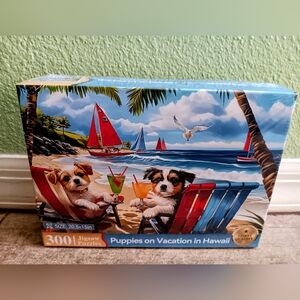 Puppies on Vacation Beach Puzzle - Colorful Tropical Scene